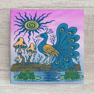Handmade 'Beneath The Spiral Sun' 8x8 Canvas Wall Art With Frogs and Peacock